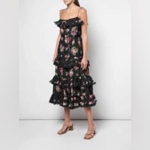 Zimmermann Dresses & Skirts - Zimmermann Honour Floral-print Tiered Silk Midi Dress In Black- siz…